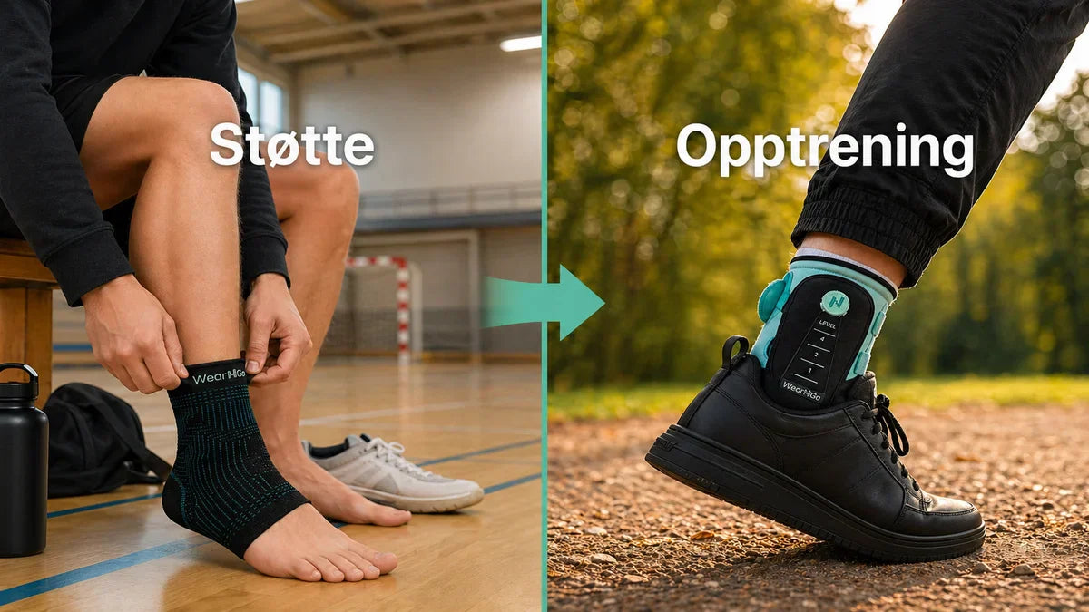 Wear'N'Go ankelstöd och Ankle Trainer sida vid sida: ankelstöd för passivt stöd vid aktivitet till vänster, Ankle Trainer för aktiv träning i vardagen till höger.