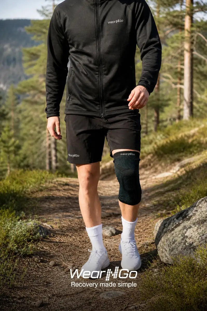 Wear'N'Go knästöd i bruk under vardagsaktiviteter. Kompression och sidostabilisering runt knäskålen.