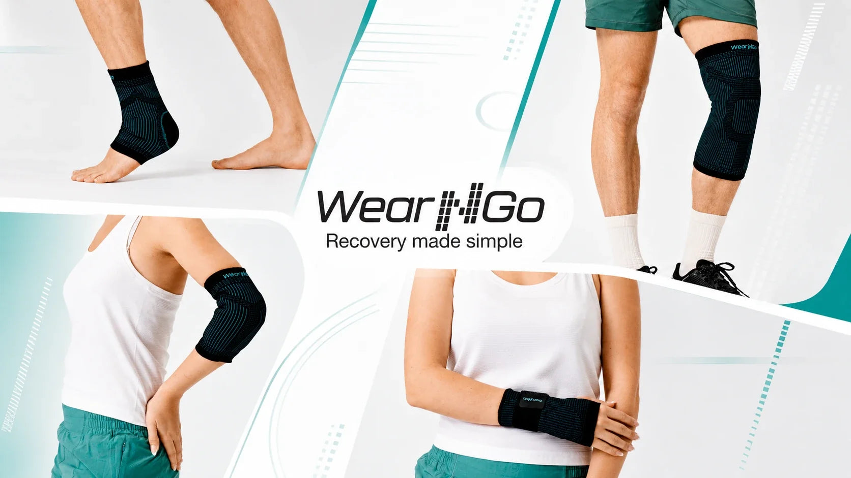 Wear'N'Go fotledsstöd, knästöd, armbågsstöd och handledsstöd i användning. Recovery made simple.